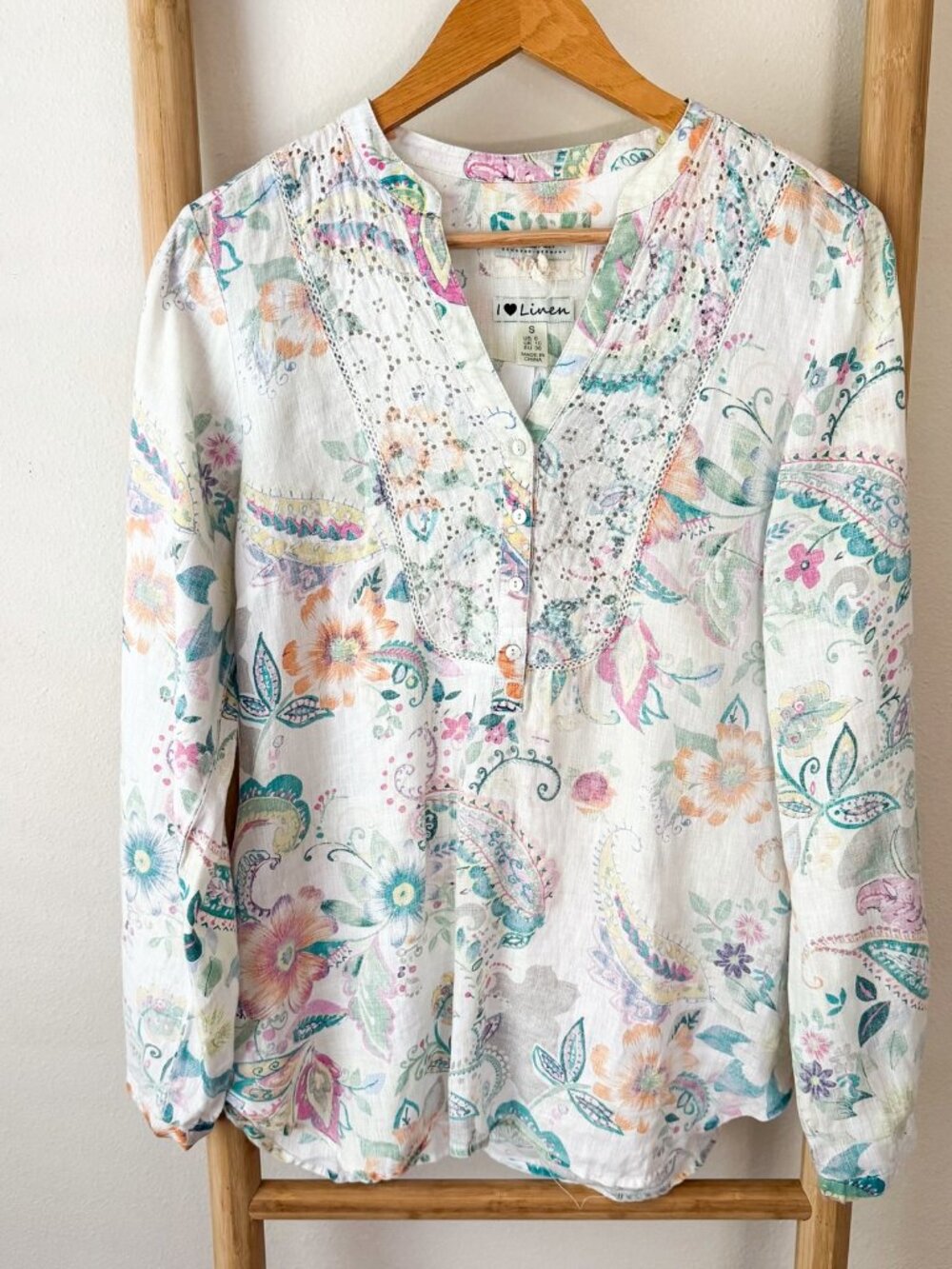 Malvin I Love Linen Floral Paisley Boho Button Blouse White Small